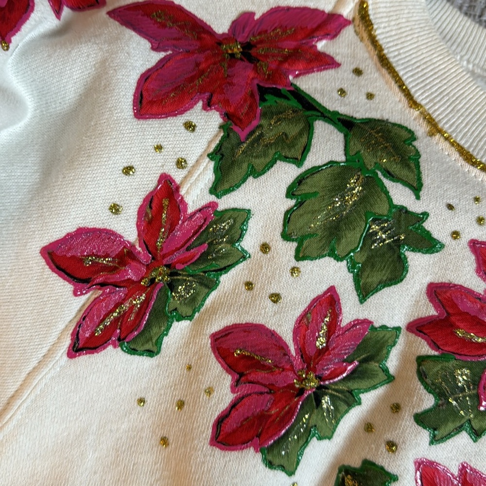 Vintage Poinsettia Christmas Red Green Gold Glitter Crew Sweatshirt M 🎄 - Picture 13 of 14